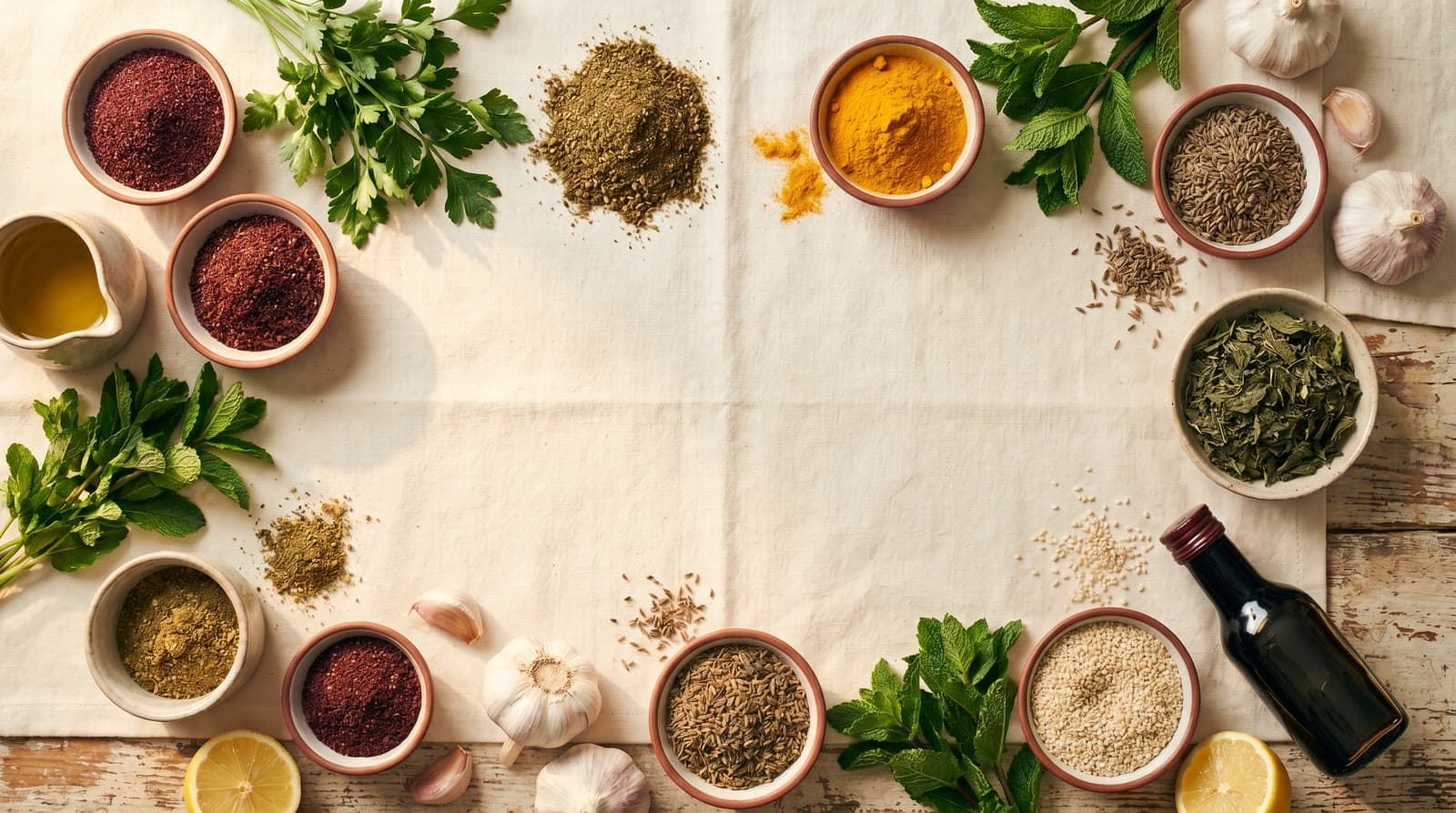 Overhead flat-lay of Middle Eastern spices, herbs, olive oil, and pantry staples